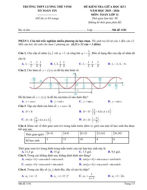 Đề thi Giữa kì 1 Toán 11 năm 2025 2026 trường THPT Lương Thế Vinh (Quảng Ninh)